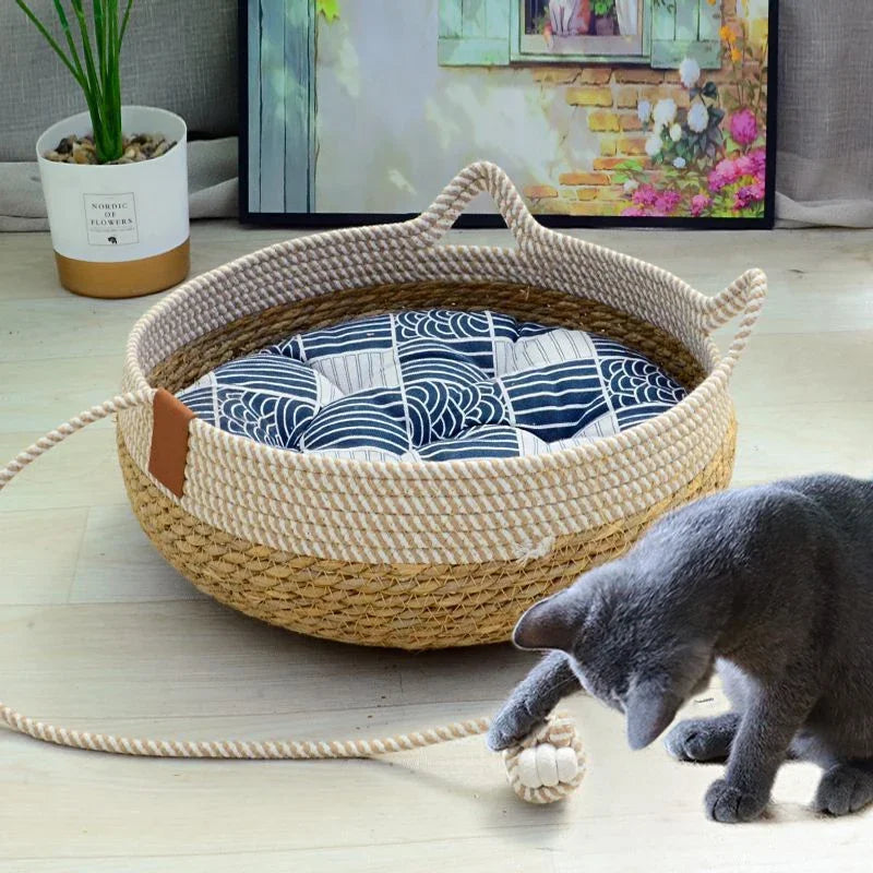 Summer Cat Bed Woven Removable Upholstery Sleeping House Cat Scratch Floor Rattan Wear-Resistant Washable Cat Pet Supplies 35