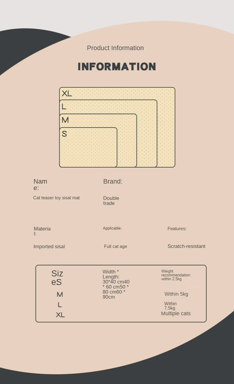 - Cat Scratcher Sisal Mat Board - Sharpen Nails - Protect Furniture