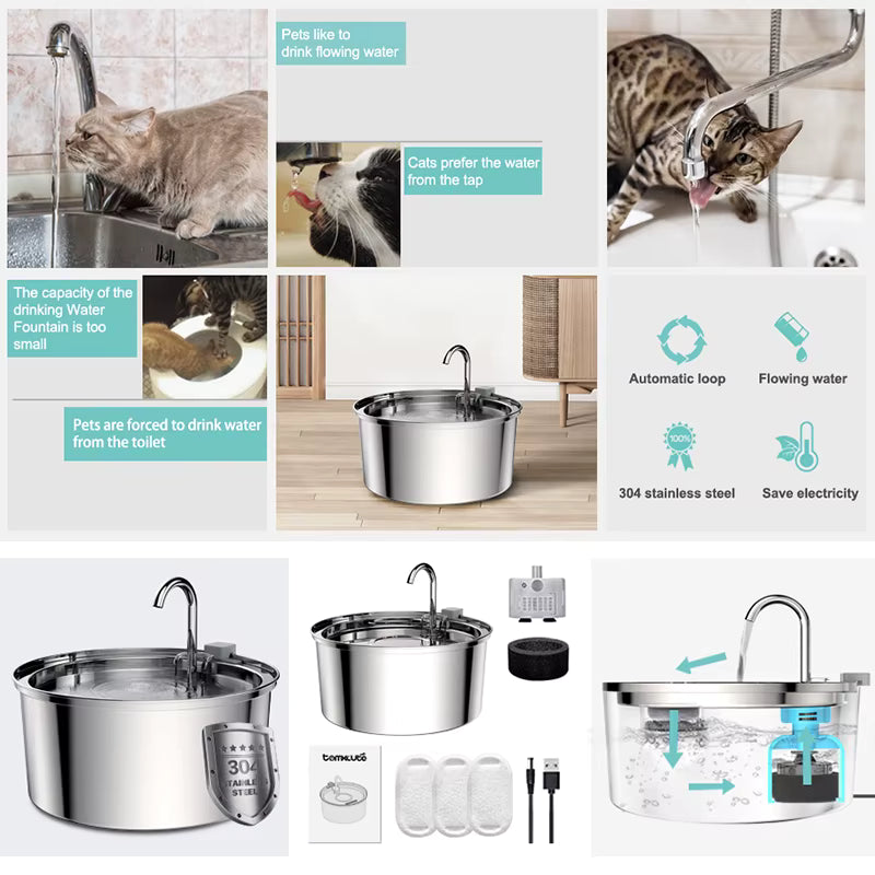 3.2L Cat Automatic Water Dispenser Pet Smart Induction Water Feeder USB with Filter Stainless Steel Dog Feeder Pet Supplies