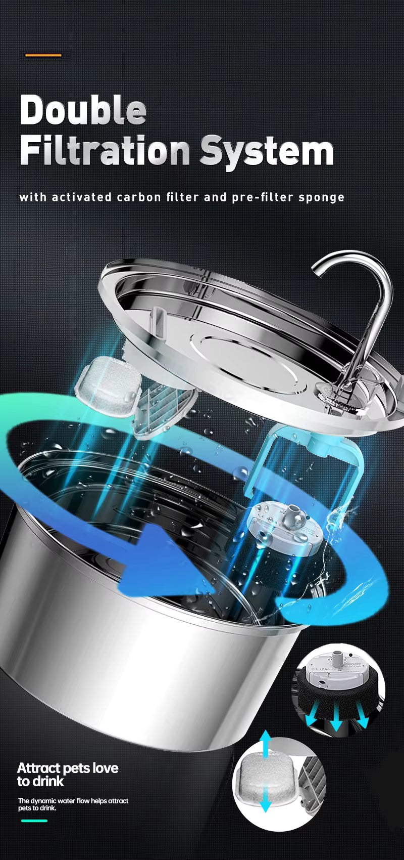 3.2L Cat Automatic Water Dispenser Pet Smart Induction Water Feeder USB with Filter Stainless Steel Dog Feeder Pet Supplies