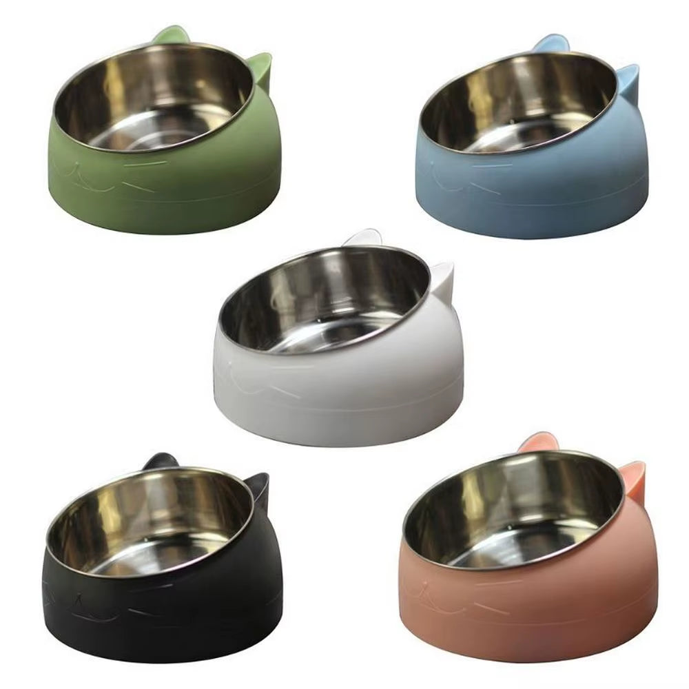 Cat Dog Bowl 15 Degrees Raised Stainless Steel Cat Bowls Safeguard Neck Puppy Cat Feeder Non-Slip Crash Elevated Cats ​Food Bowl